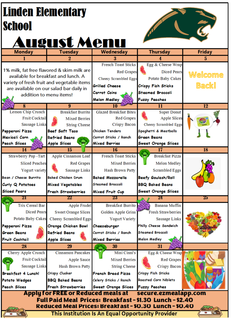 August breakfast and lunch menu for Linden Elementary
